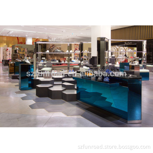 Luxurious retail store interior design for brand footwear shop wooden display shelves